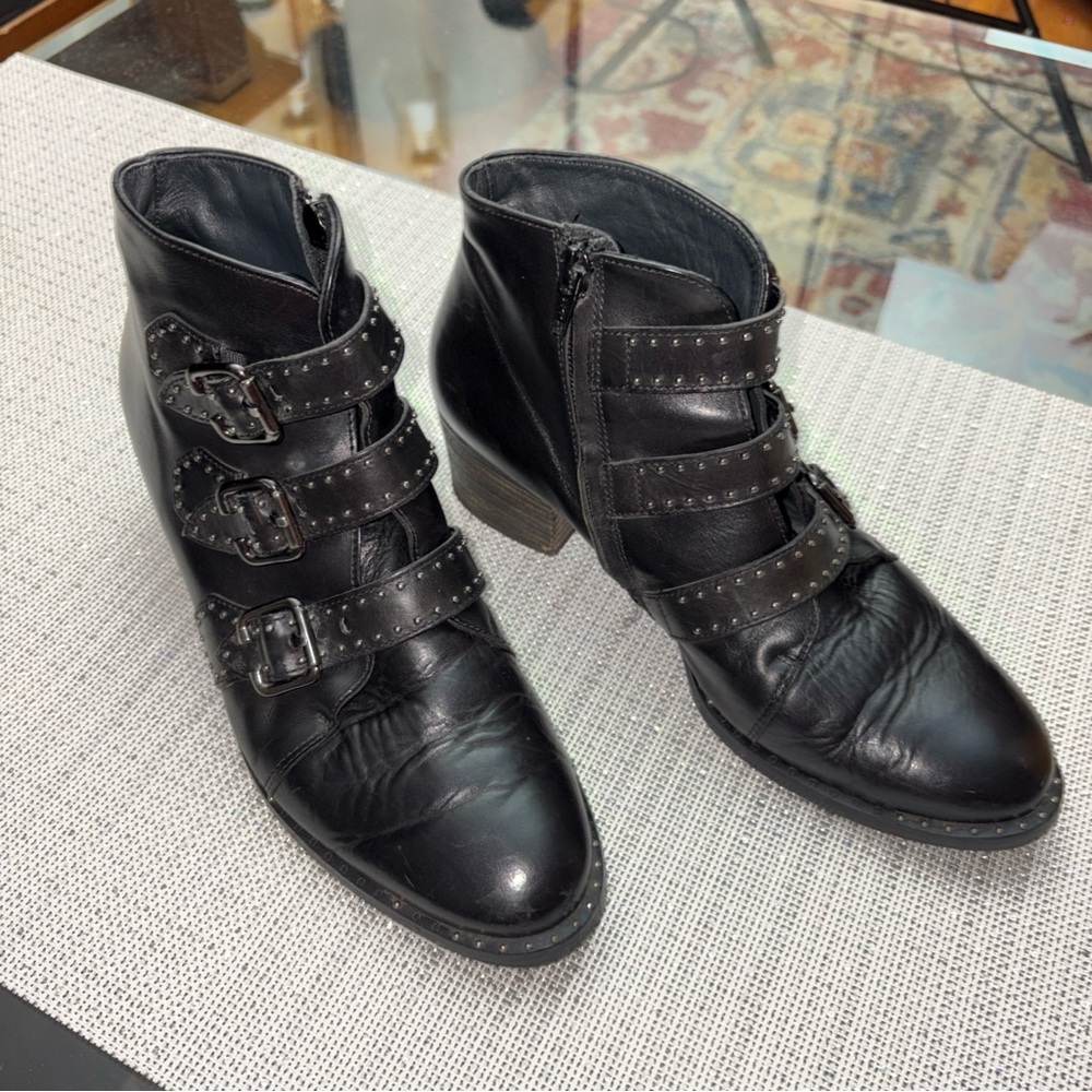 Paul Green Black leather Triple Buckle Ankle Boots , silver studs ,size5(7.5USA)
